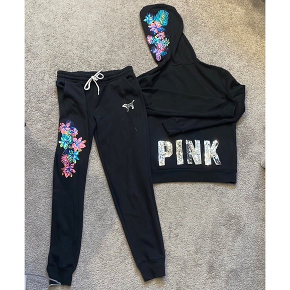 HTF RARE VS PINK Bling Hibiscus Zip Up Hoodie/Sweatshirt Set